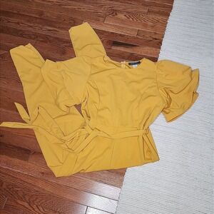 Touch Me‎ Jumpsuit 2XL Golden Yellow Flutter Sleeve Belted Crew Neck Stretch USA